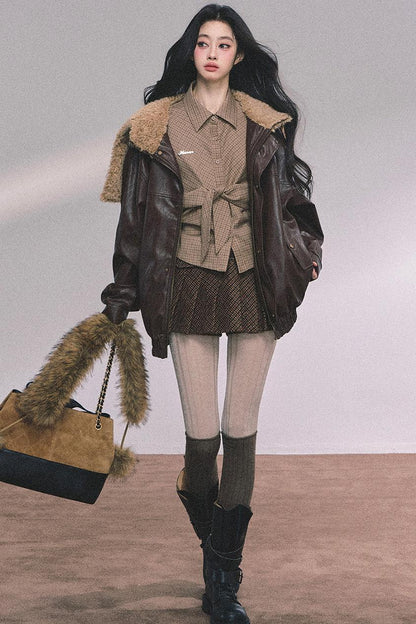 Autumn Navy Lambswool Leather Jacket