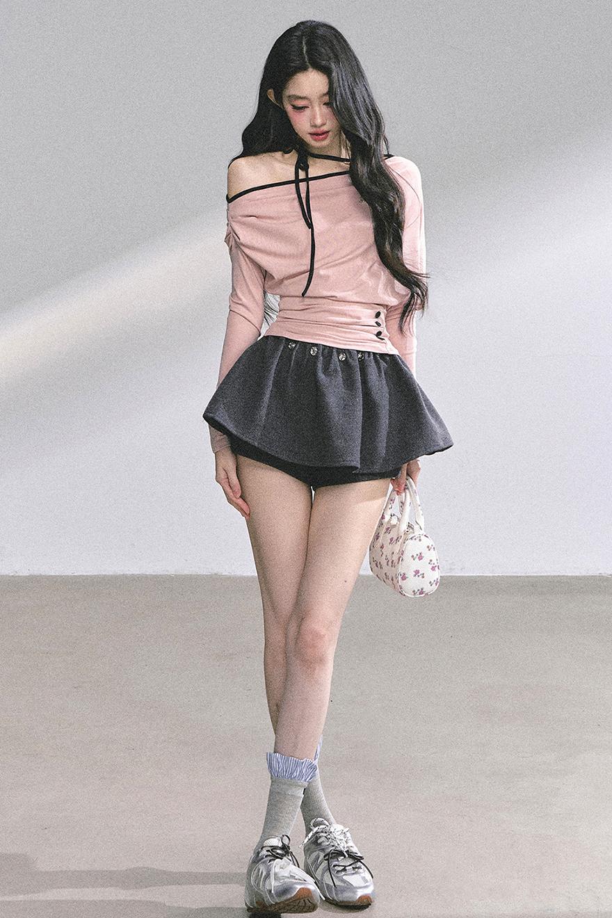 Korean Autumn Gray Halterneck Top