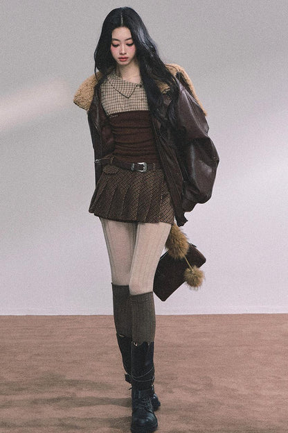 Knitted Long-Sleeved Plaid Top