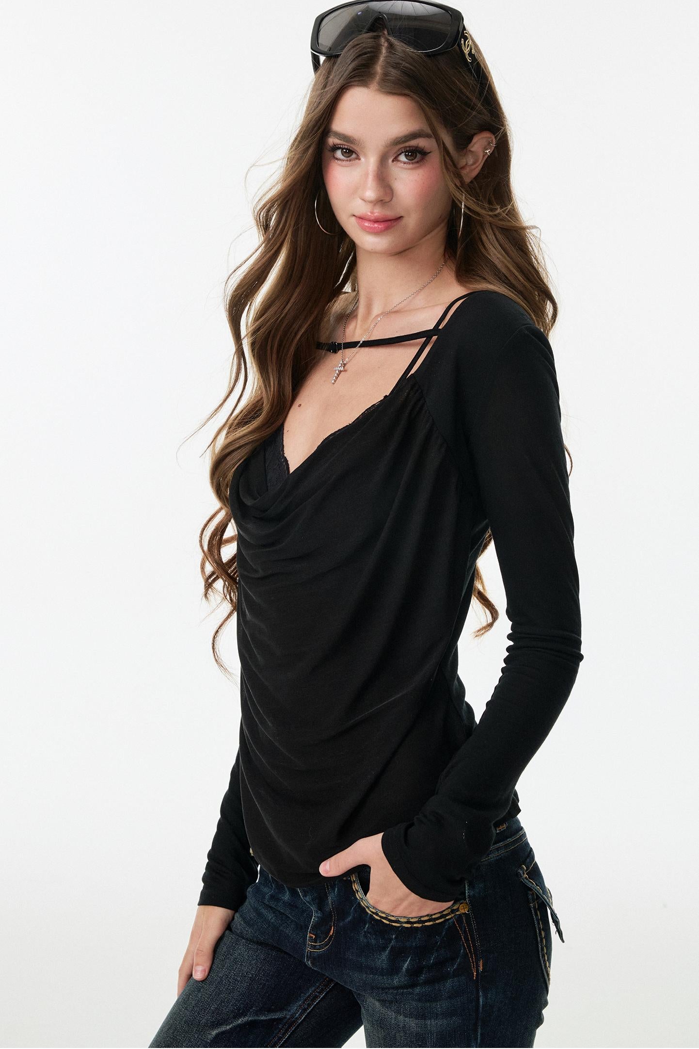 Swing Chiffon V-neck Long Sleeve Shirt