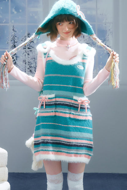 American Retro Striped Bow Knitted Vest Dress