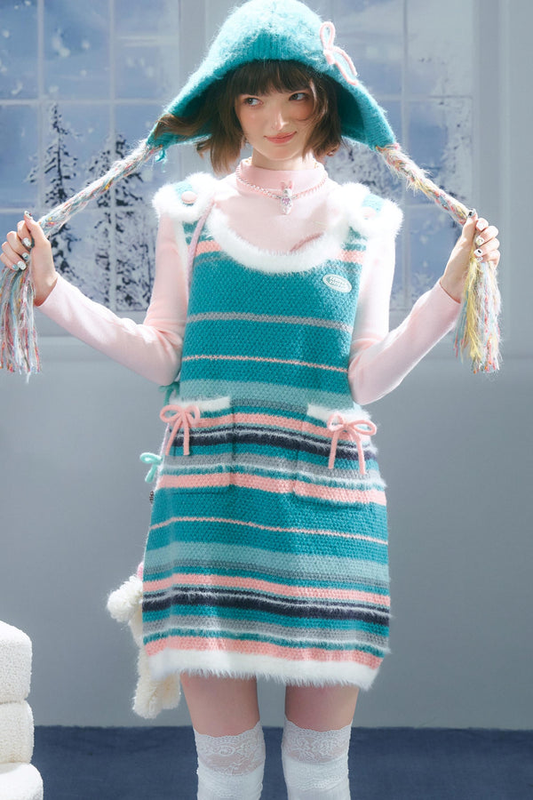 American Retro Striped Bow Knitted Vest Dress