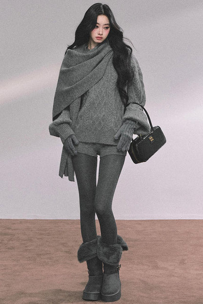 Winter Knitted Scarf Sweater Shorts Set-Up