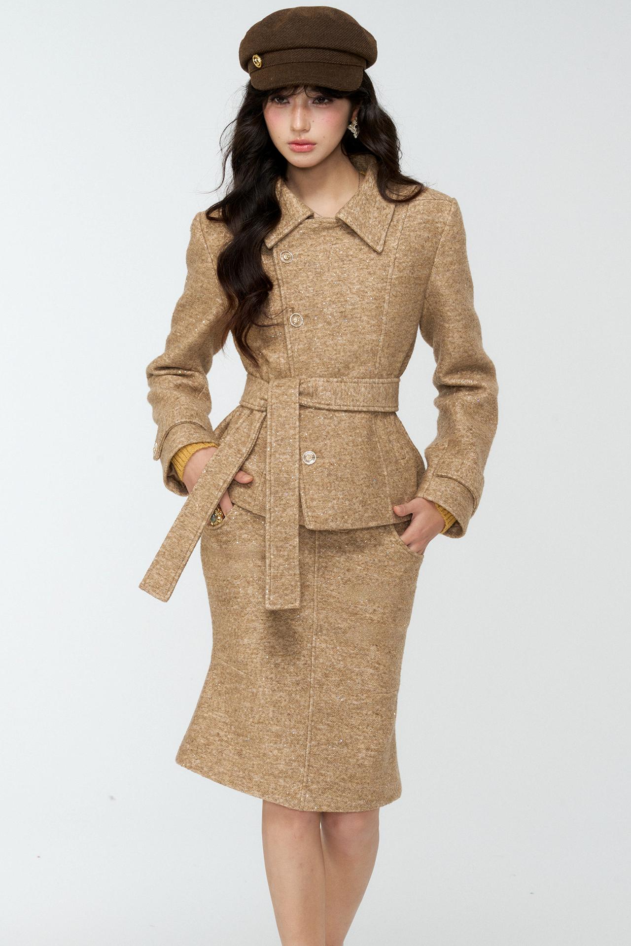 Khaki Tweed Jacket And Skirt Set-Up