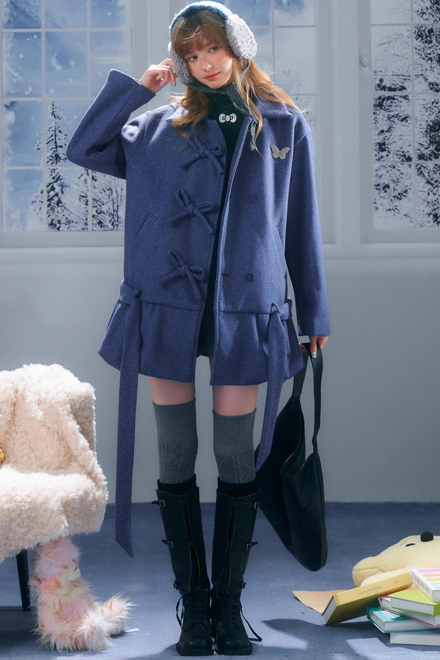 American Retro Bow Pocket Woolen Coat