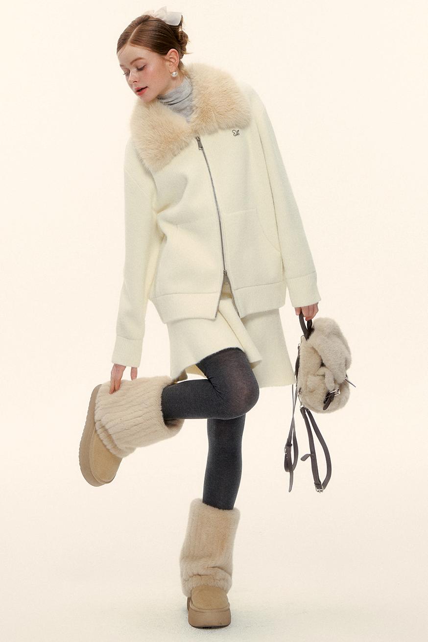 Wool Fur Collar Knit Jacket Set-Up