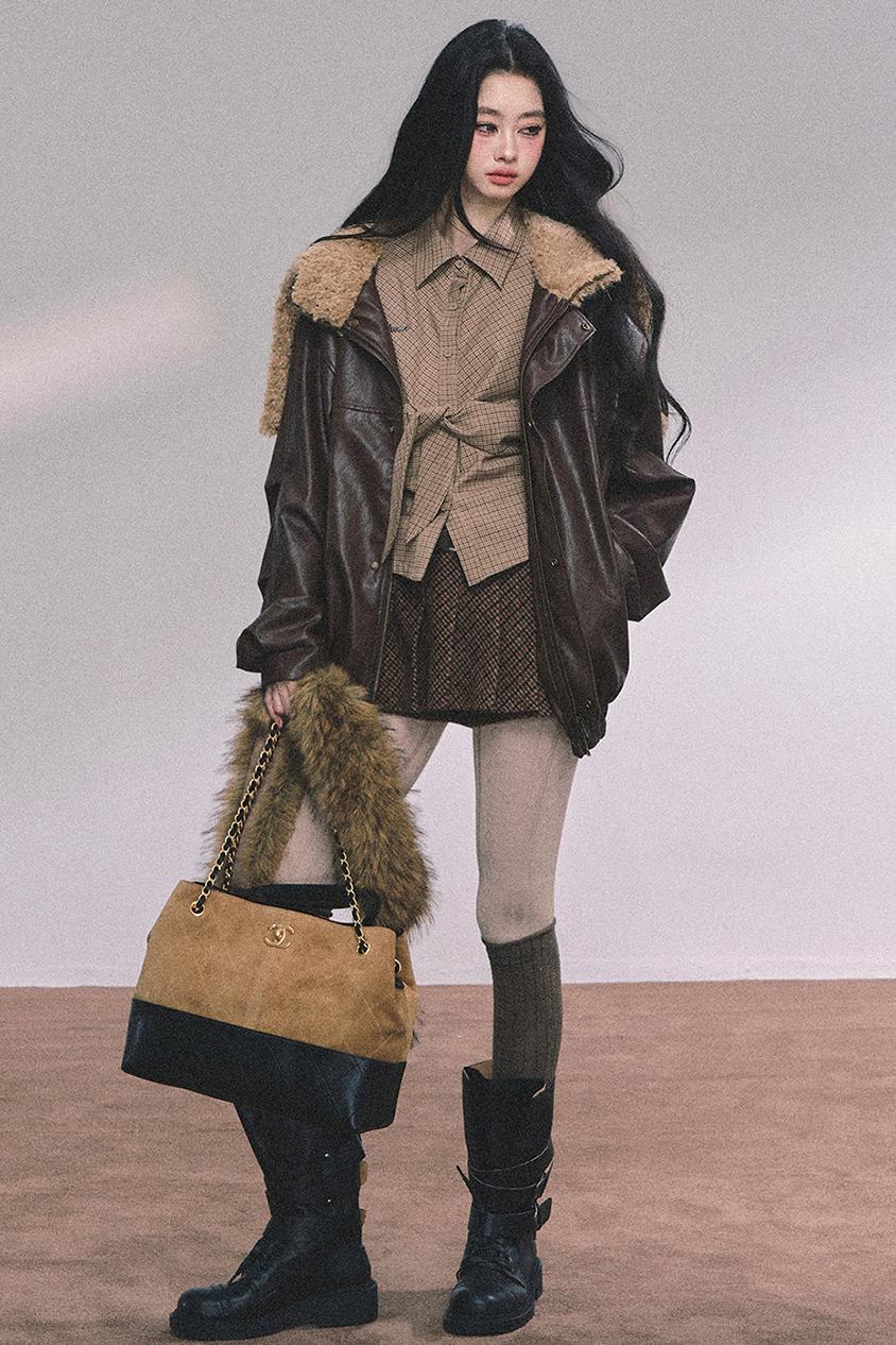 Autumn Navy Lambswool Leather Jacket