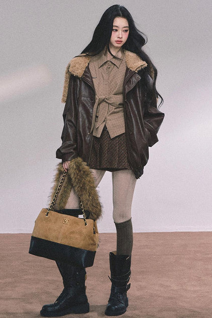 Autumn Navy Lambswool Leather Jacket