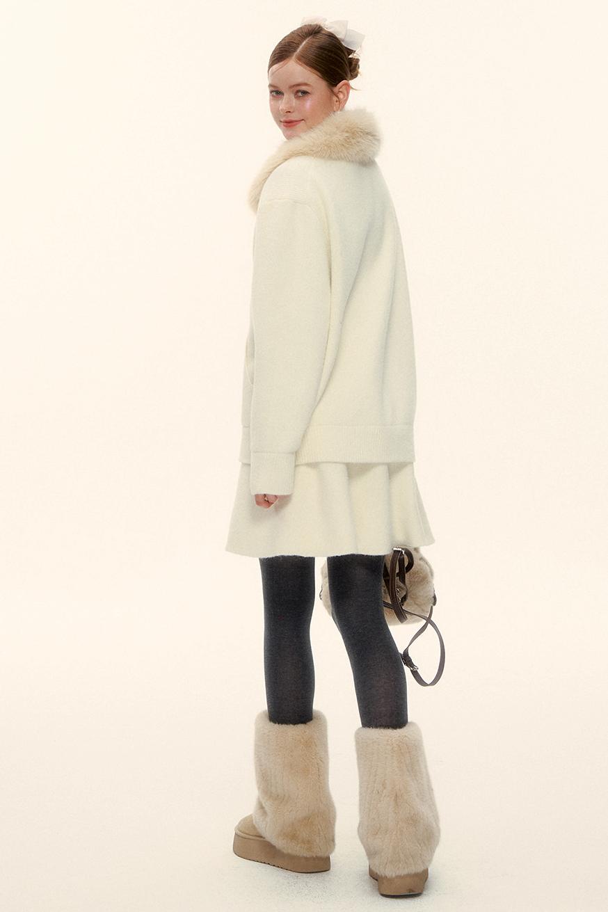 Wool Fur Collar Knit Jacket Set-Up