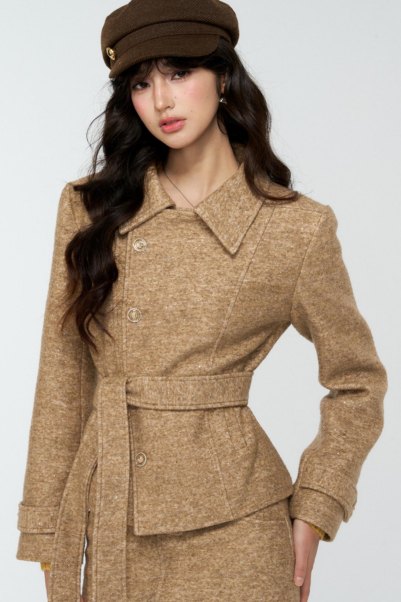 Khaki Tweed Jacket And Skirt Set-Up