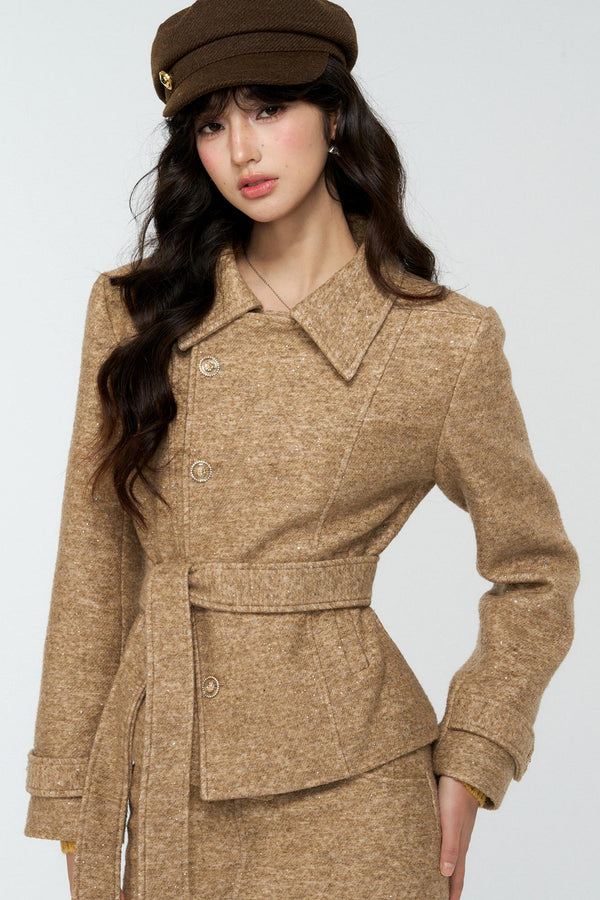 Khaki Tweed Jacket And Skirt Set-Up