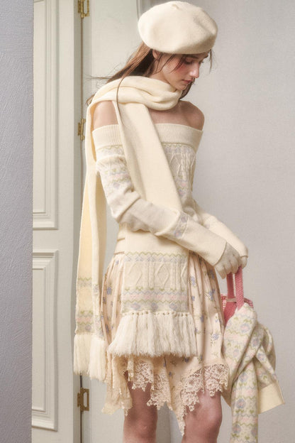 Waxy Cotton Sweater And Floral Skirt Set-Up