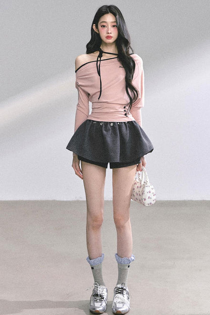 Korean Autumn Gray Halterneck Top