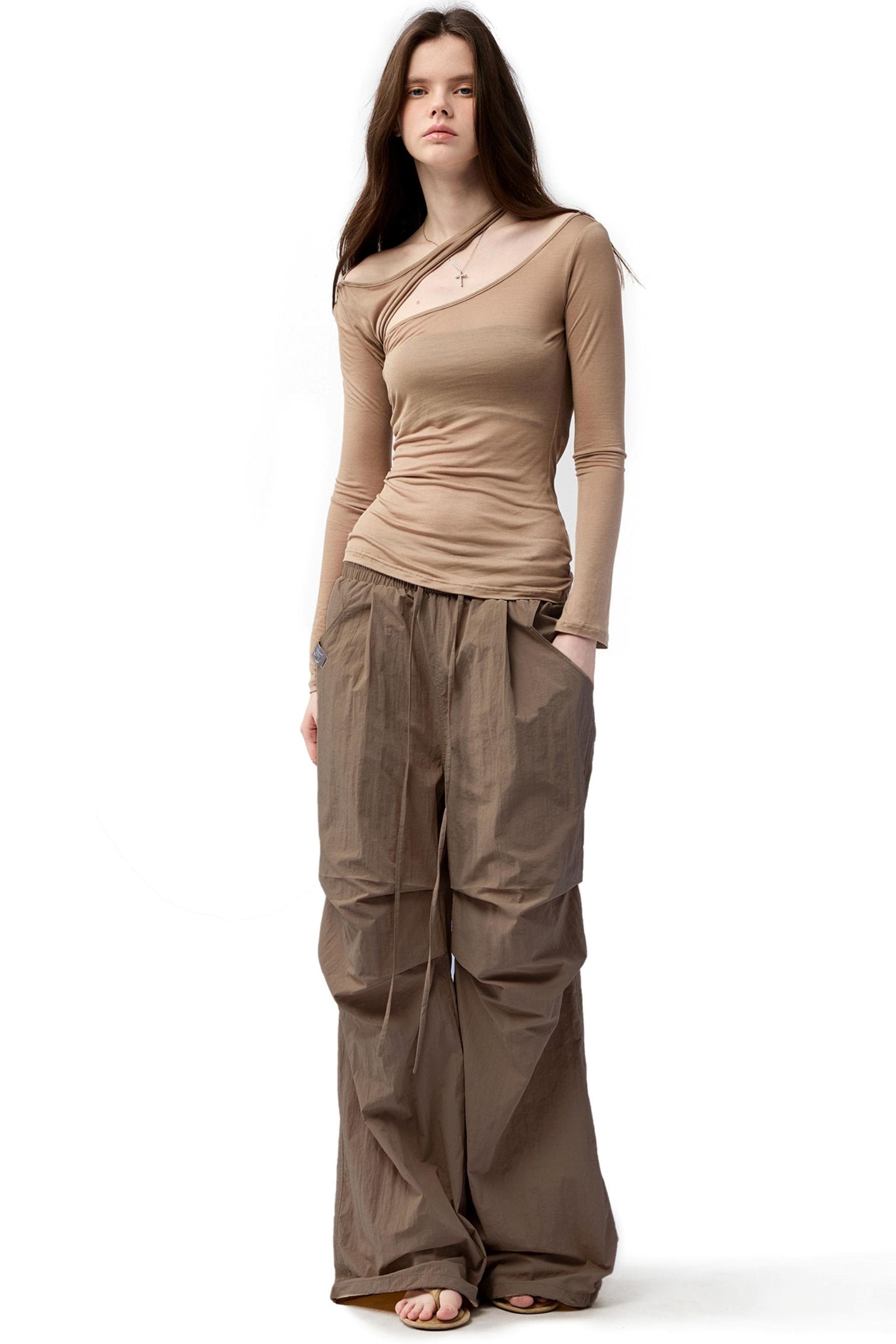 Slanted Shoulder Long-Sleeved T-Shirt