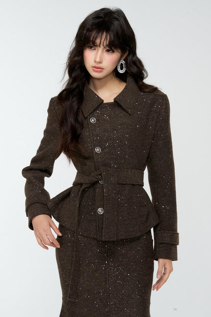 Dark Brown Tweed Jacket And Skirt Set-Up