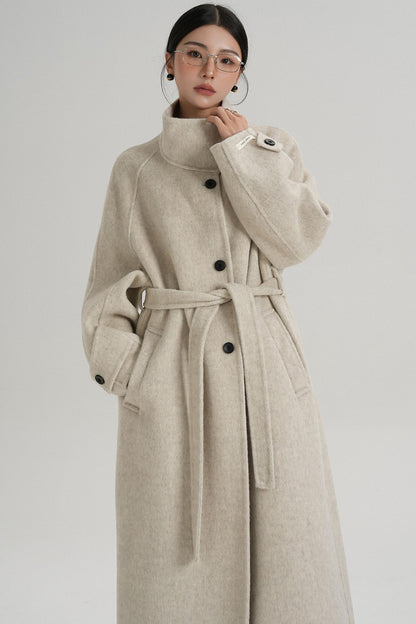 Temperament Diagonal Buckle Wool Coat