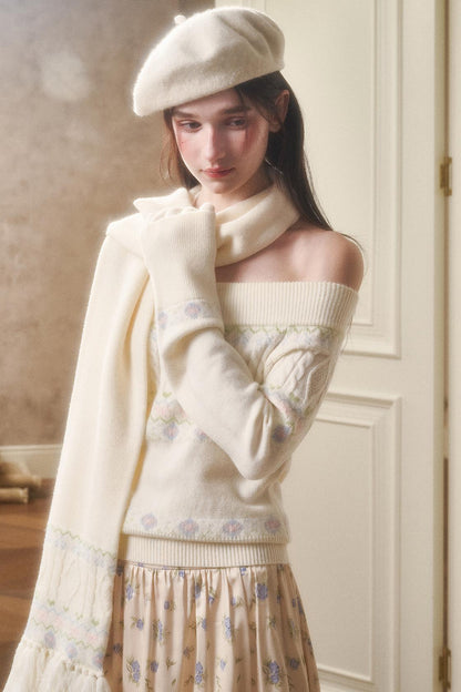 Waxy Cotton Sweater And Floral Skirt Set-Up