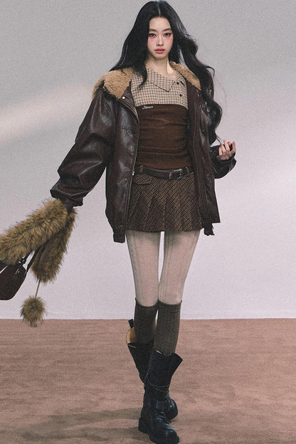 Knitted Long-Sleeved Plaid Top