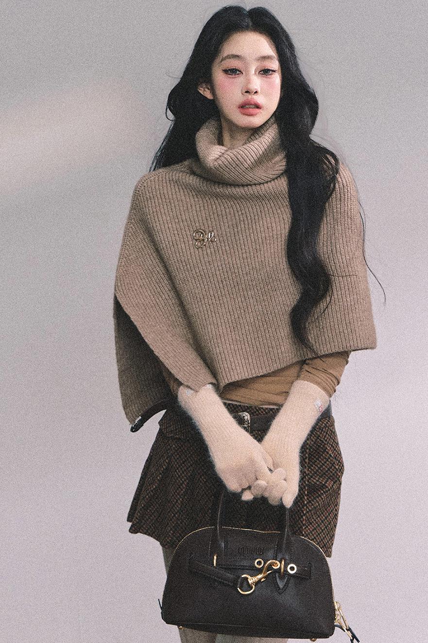 Lightweight Knit Shawl Turtleneck Sweater Set