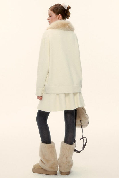 Wool Fur Collar Knit Jacket Set-Up