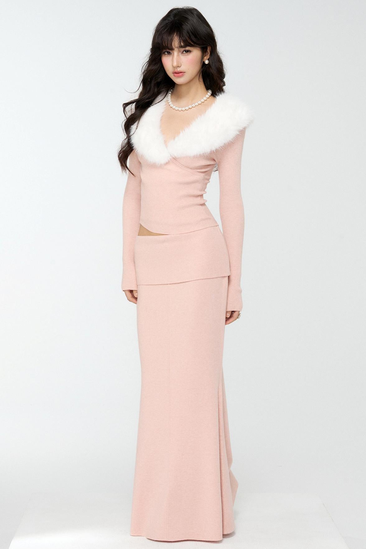 Pink Fur Collar Sweater With Fur Collar Set-Up