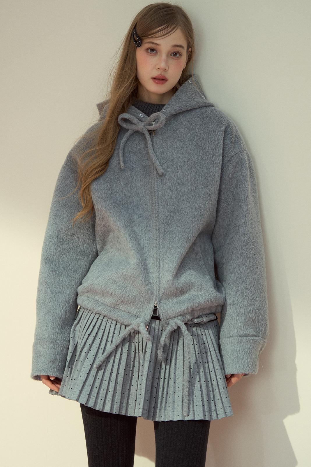 Gray Pink Wool Fur Collar Jacket