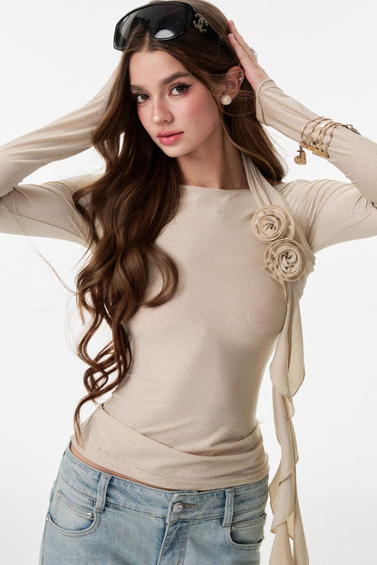 Entanglement Mesh Flower Pleated Off-the-Shoulder T-Shirt