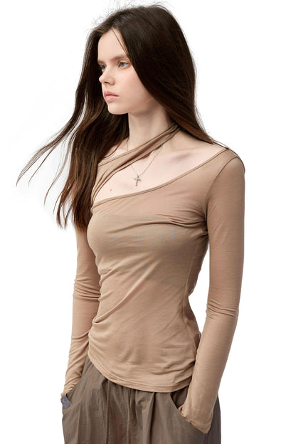 Slanted Shoulder Long-Sleeved T-Shirt
