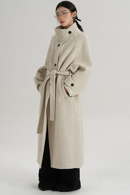 Temperament Diagonal Buckle Wool Coat