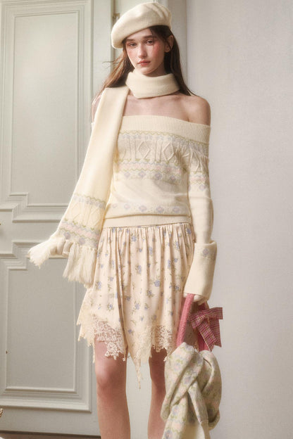 Waxy Cotton Sweater And Floral Skirt Set-Up