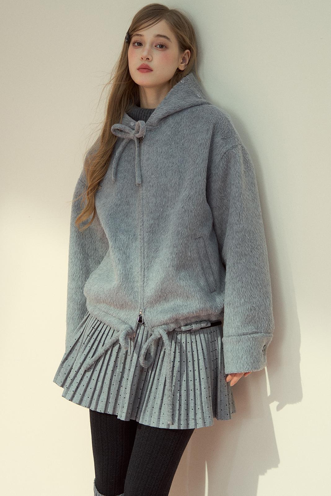 Gray Pink Wool Fur Collar Jacket