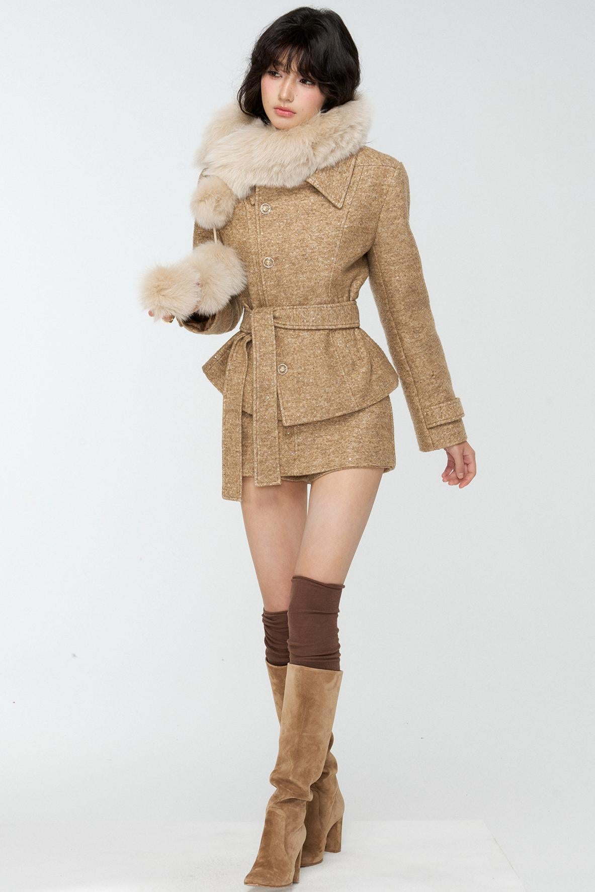 Khaki Tweed Jacket And Skirt Set-Up