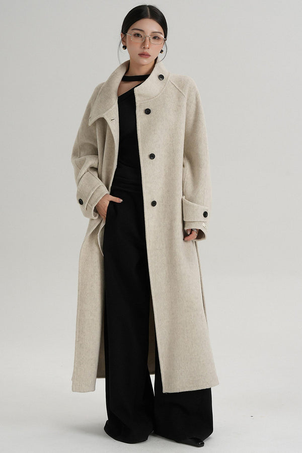 Temperament Diagonal Buckle Wool Coat