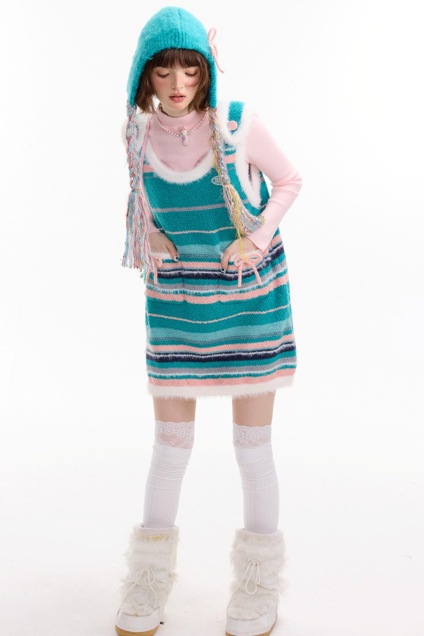 American Retro Striped Bow Knitted Vest Dress