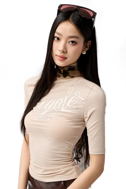 French Base Embroidery High-Collar Silver T-Shirt