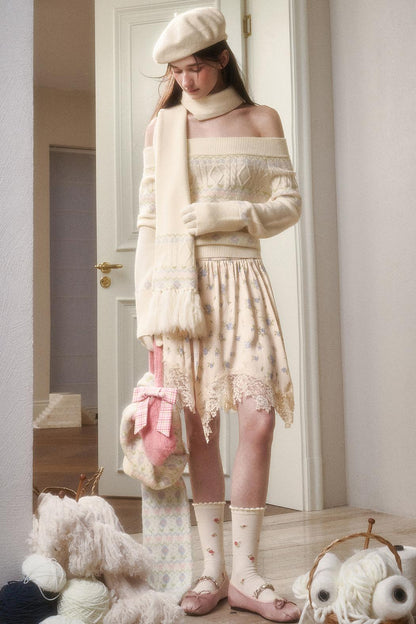 Waxy Cotton Sweater And Floral Skirt Set-Up