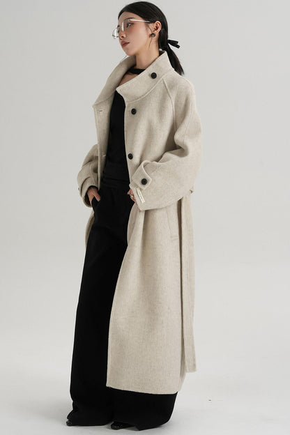 Temperament Diagonal Buckle Wool Coat