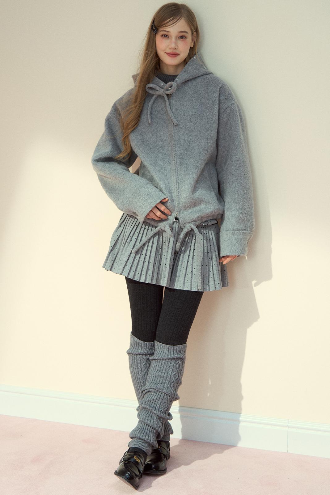 Gray Pink Wool Fur Collar Jacket