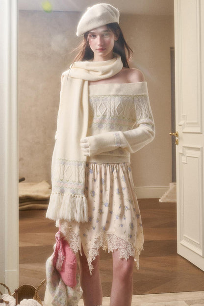 Waxy Cotton Sweater And Floral Skirt Set-Up