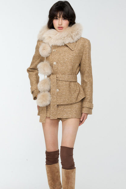 Khaki Tweed Jacket And Skirt Set-Up