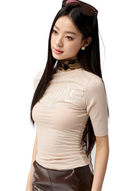French Base Embroidery High-Collar Silver T-Shirt
