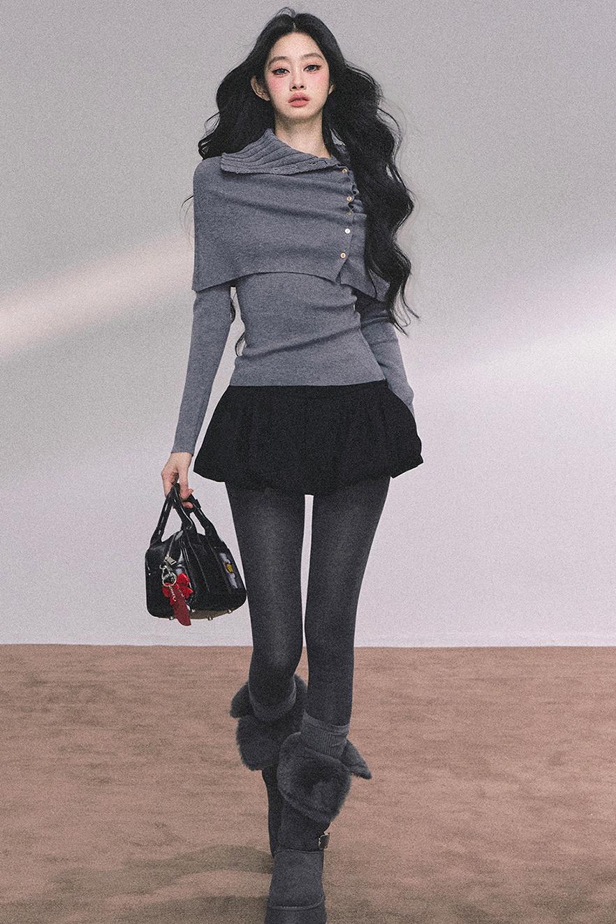 Korean Knit T-Shirt Shawl Set