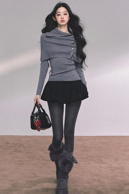 Korean Knit T-Shirt Shawl Set