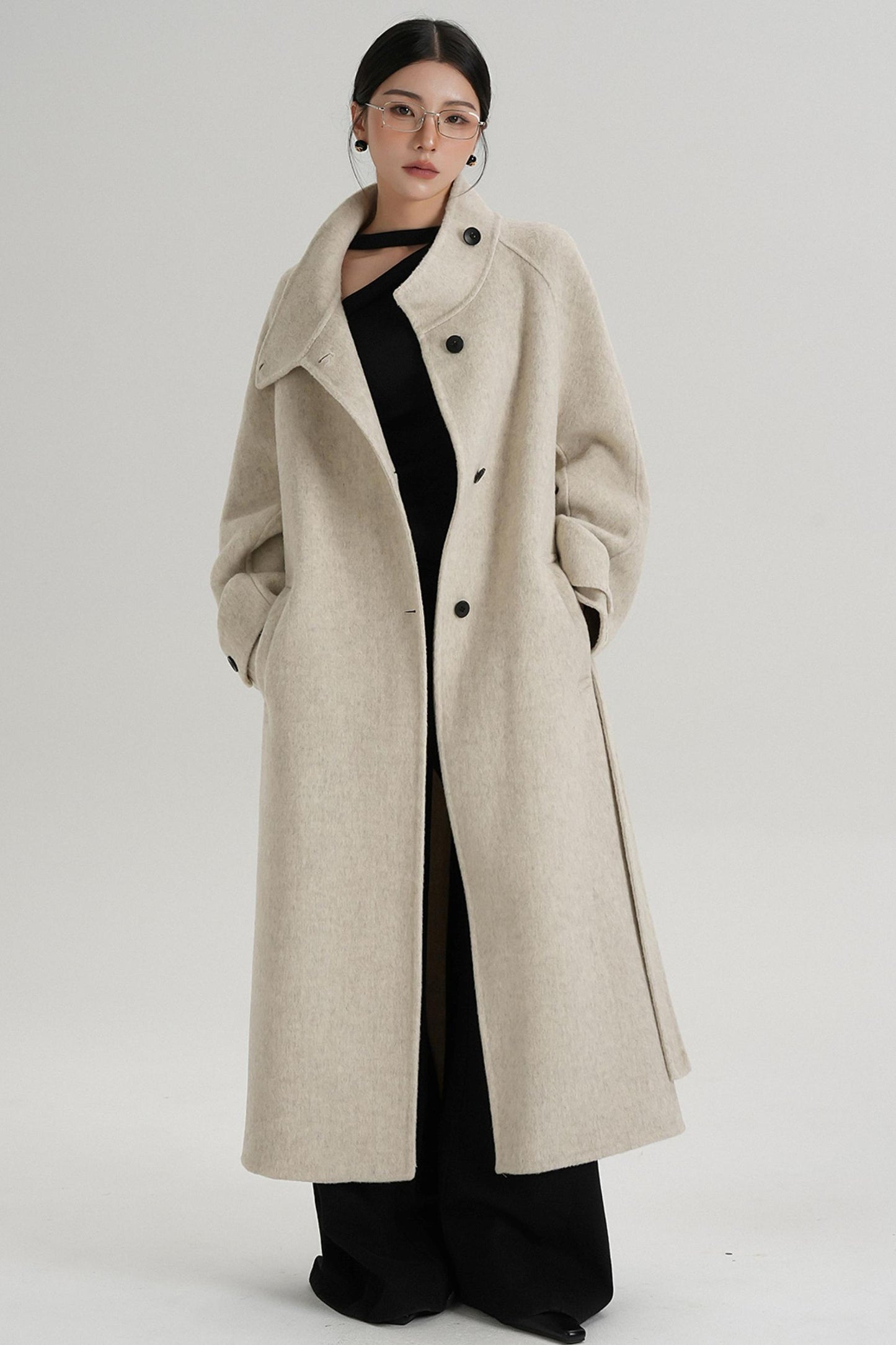 Temperament Diagonal Buckle Wool Coat