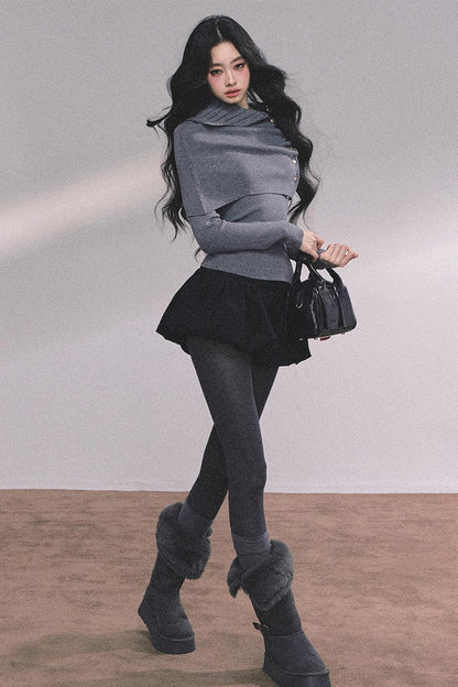 Korean Knit T-Shirt Shawl Set