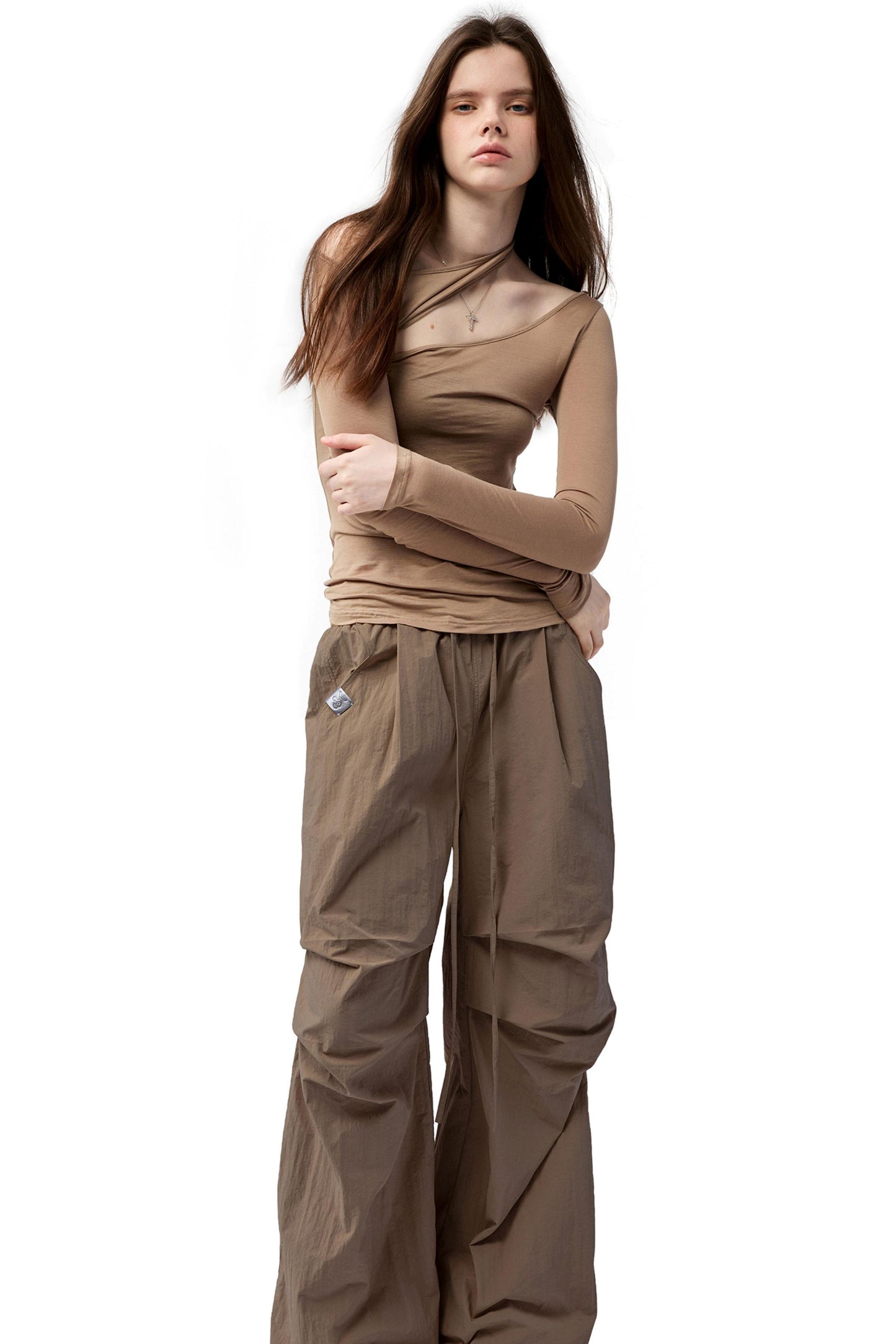 Slanted Shoulder Long-Sleeved T-Shirt