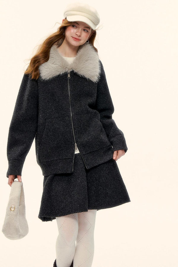 Wool Fur Collar Knit Jacket Set-Up