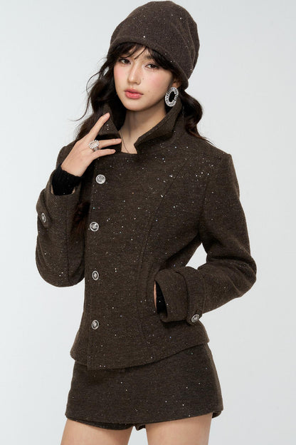 Dark Brown Tweed Jacket And Skirt Set-Up