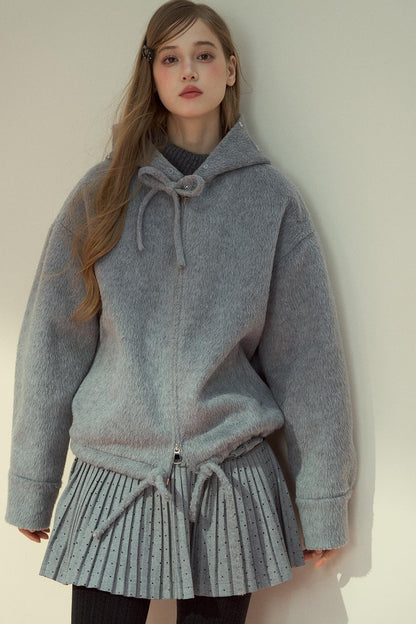 Gray Pink Wool Fur Collar Jacket