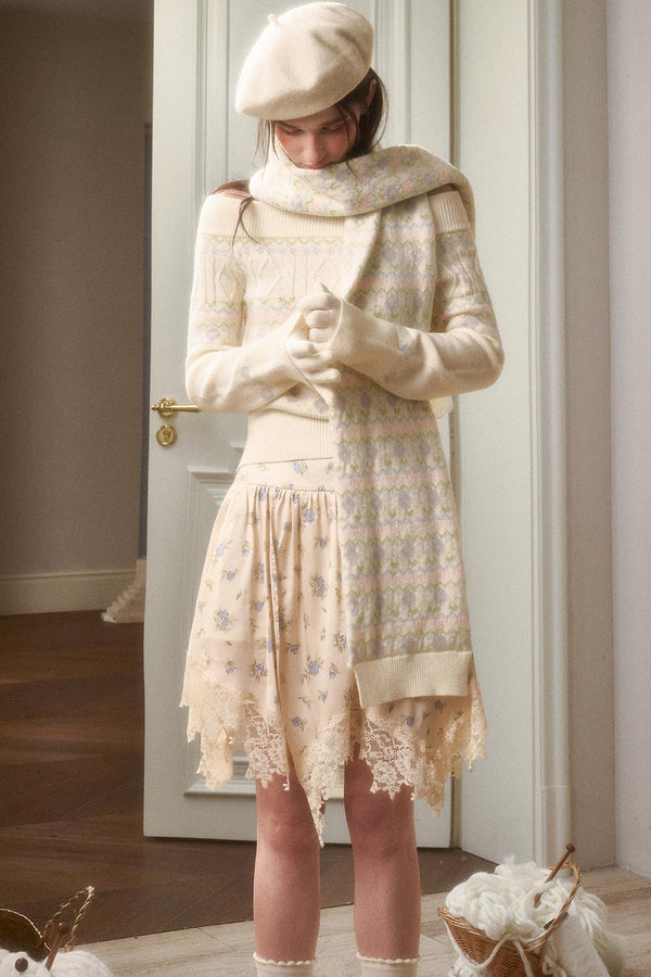 Waxy Cotton Sweater And Floral Skirt Set-Up